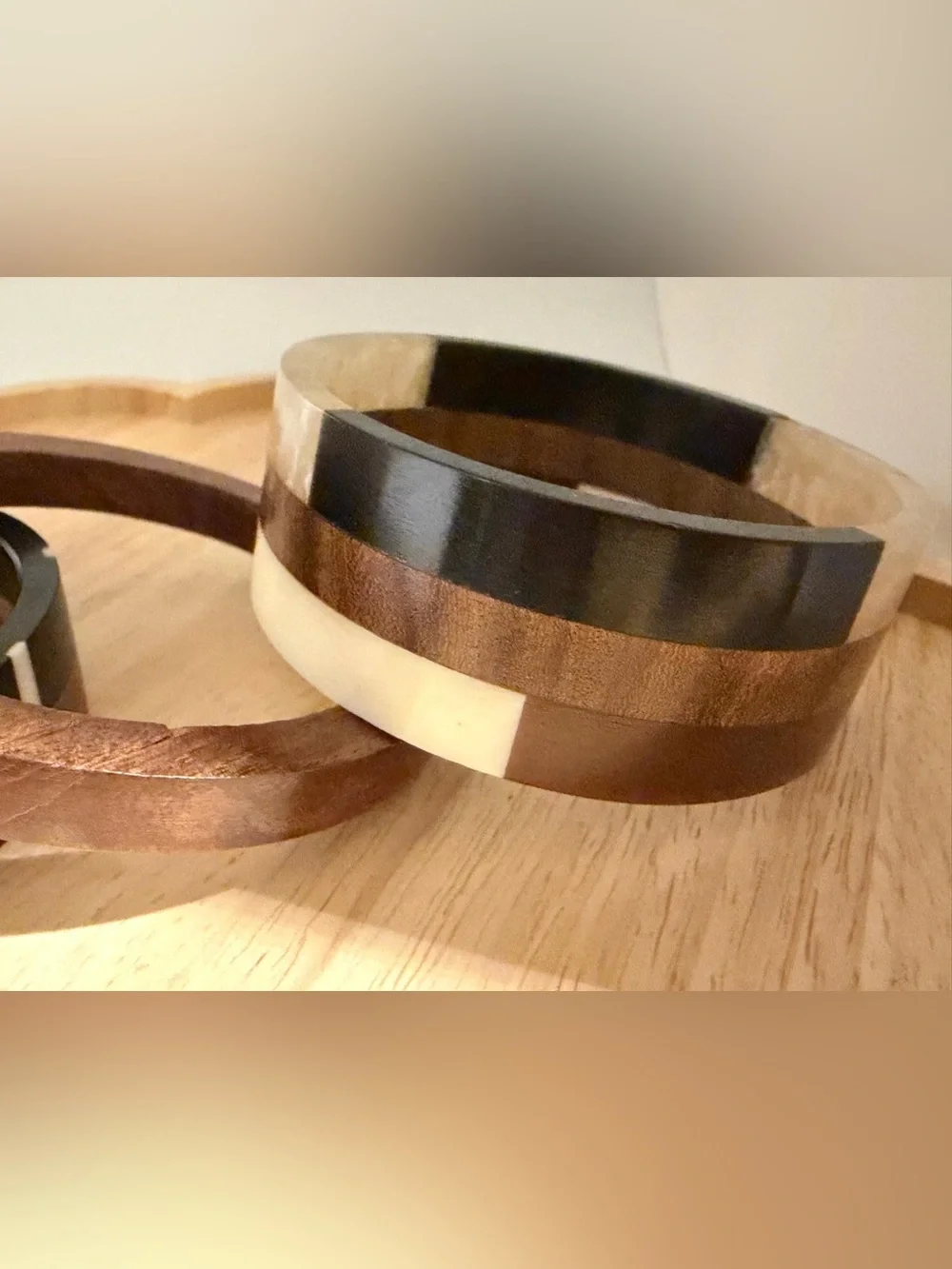 Zara Men’s and Women’s Wood and Ivory Inlay Cuff Bracelet